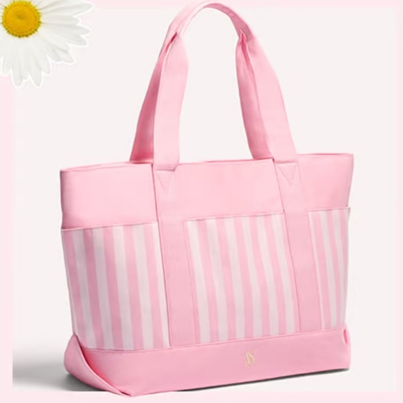 PINK Victoria's Secret Handbags - NWT Victoria’s Secret Iconic Pink Canvas Cotton Striped Tote ShoulderTravel Bag